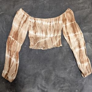 Brown and Cream Smocked Crop Top with Billowy Sleeves